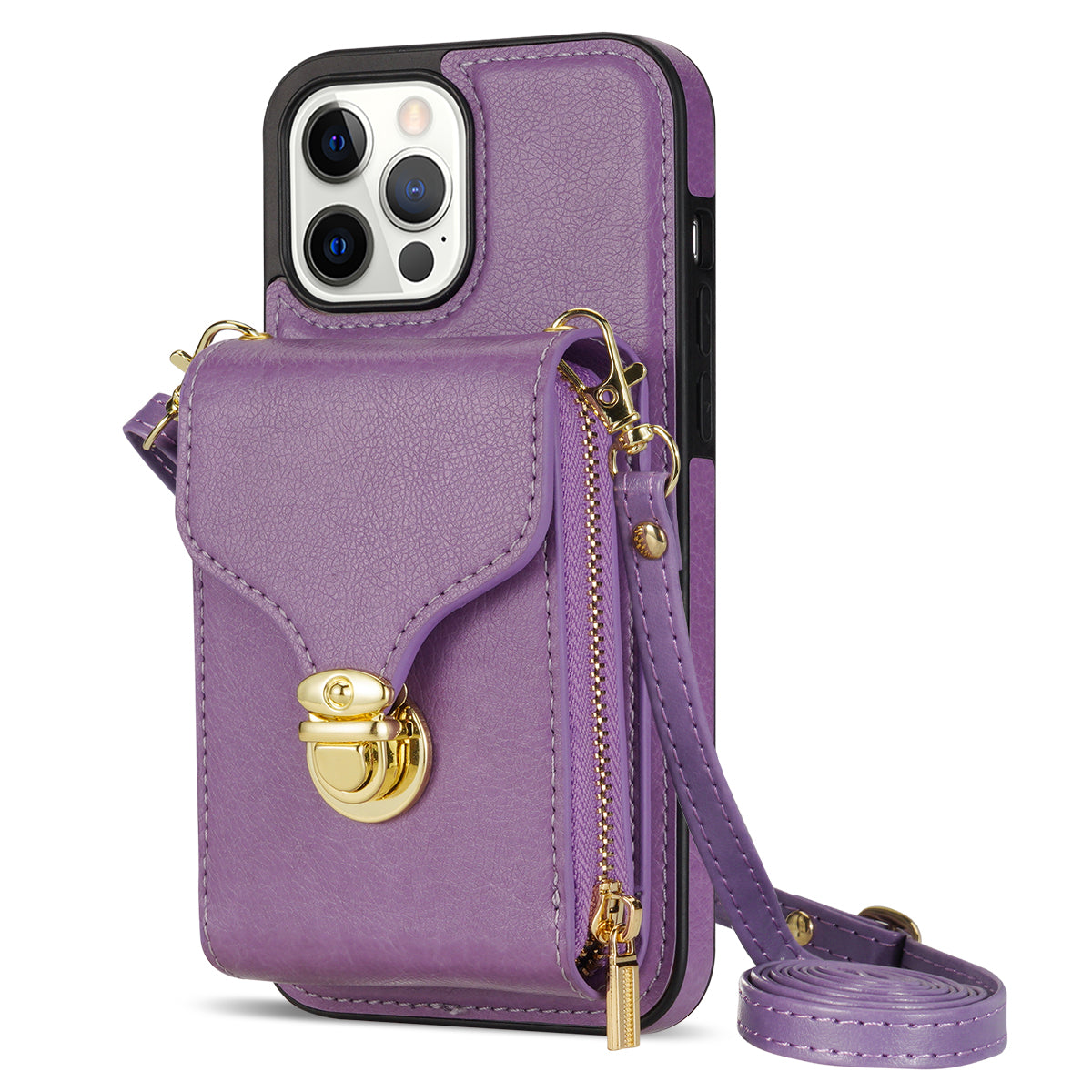 For iPhone 13 Pro 6.1 inch PU Leather TPU Back Case Zipper Card Holder Kickstand Phone Cover with Shoulder Strap For iPhone 13 Pro 6.1 inch PU Leather TPU Back Case Zipper Card Holder Kickstand Phone Cover with Shoulder Strap